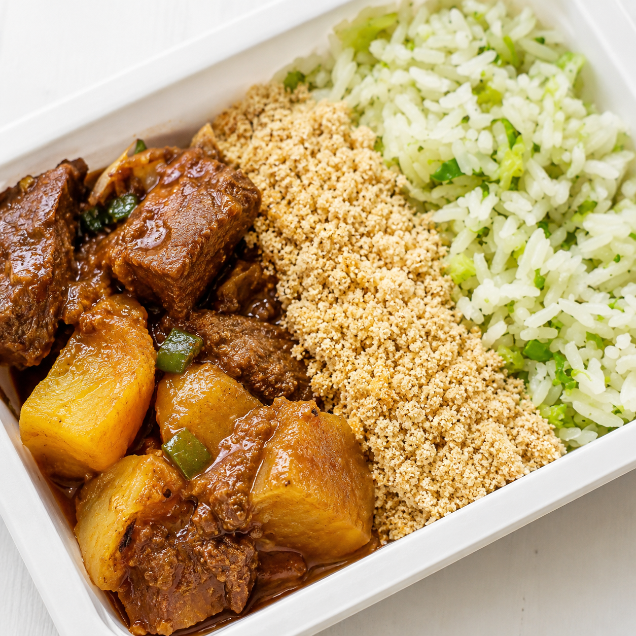 Picadinho de Carne com Batata, Arroz com Brócolis e Farofa Rica 350g